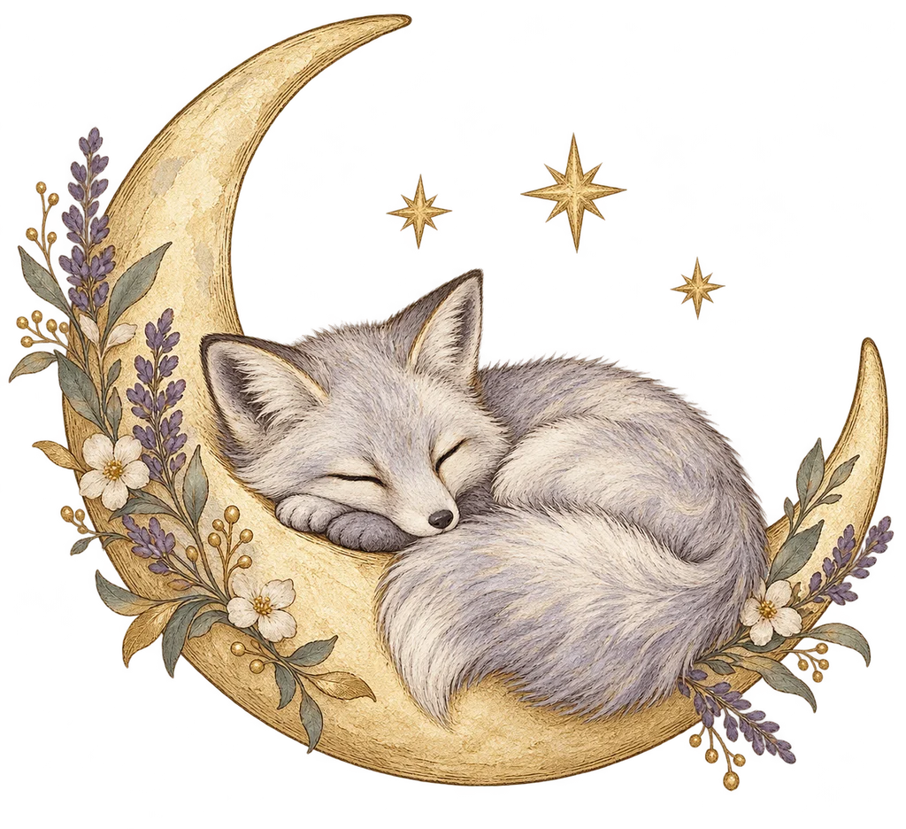 A silver fox sleeping on a golden crescent moon